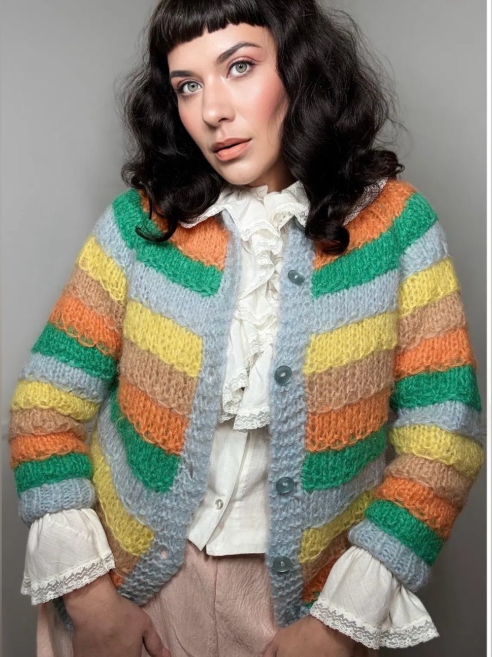 Vintage 1960’s Italian Made Wool/Mohair Colorful Funky Striped Cardigan